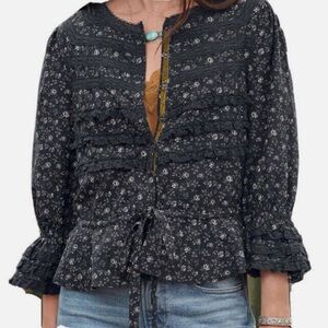 Sundance Catalog Black Gray Floral Cropped “Alaina Top” size M